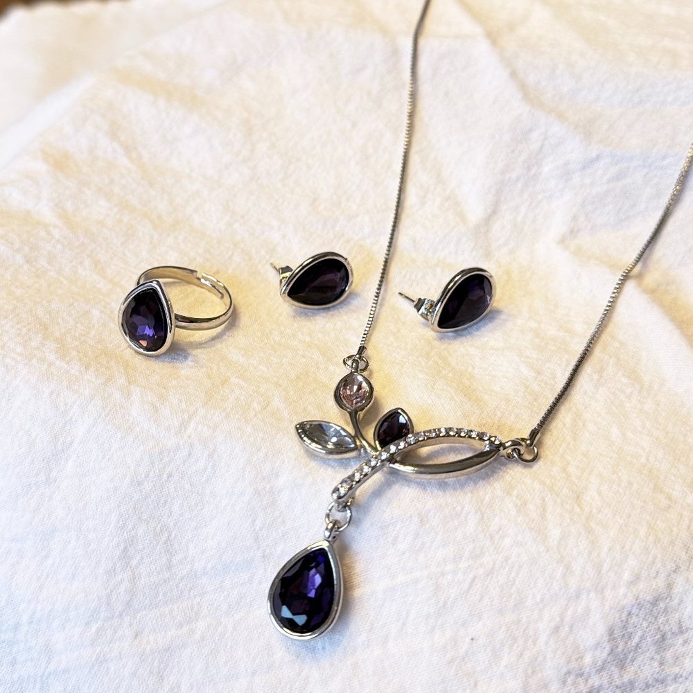 Purple Crystal and Silver Teardrop Jewelry Set with Necklace Ring + Earrings
